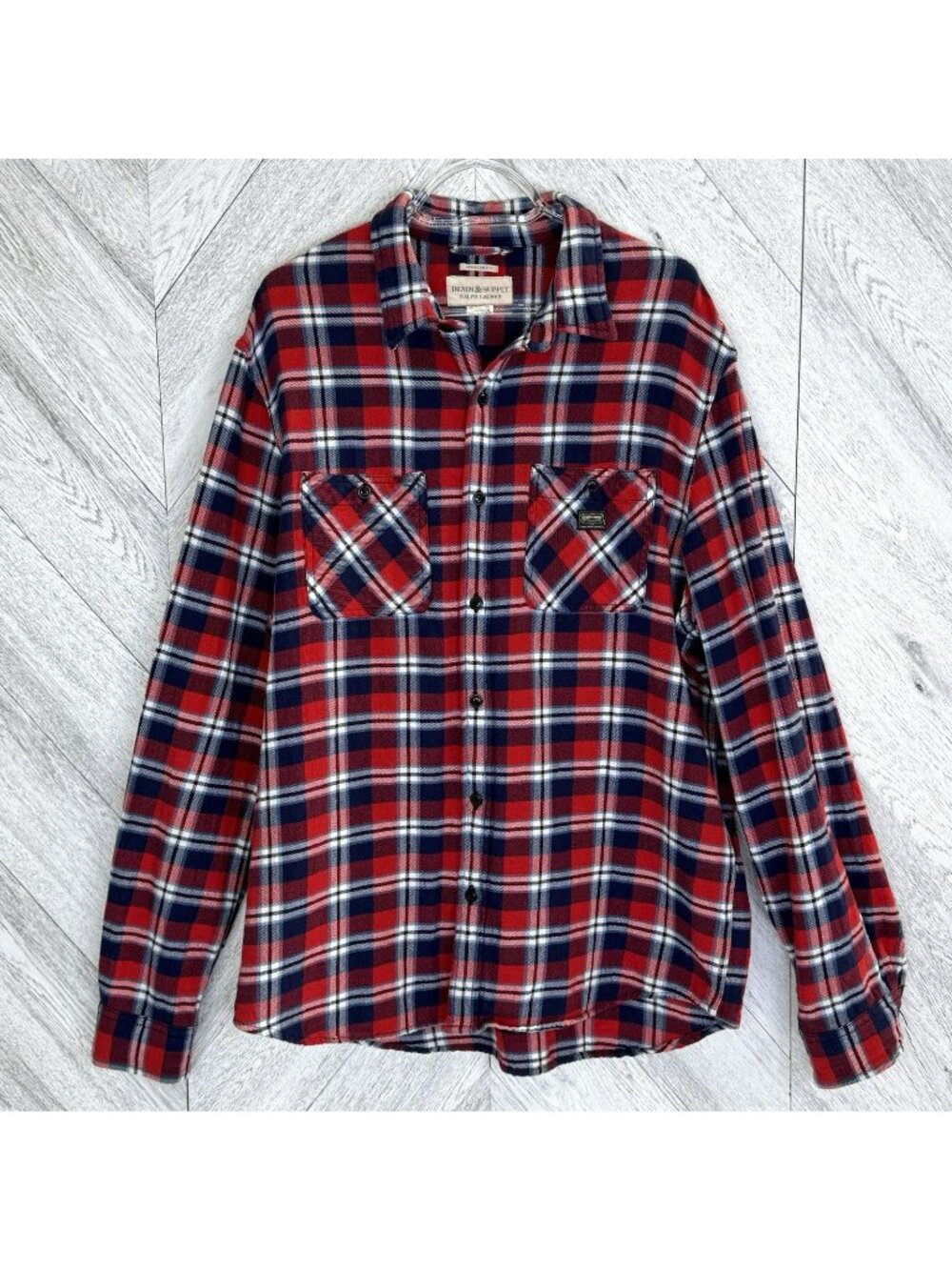 Denim & Supply Ralph Lauren Red Blue Flannel Plaid Shirt Regular Fit Mens  XL